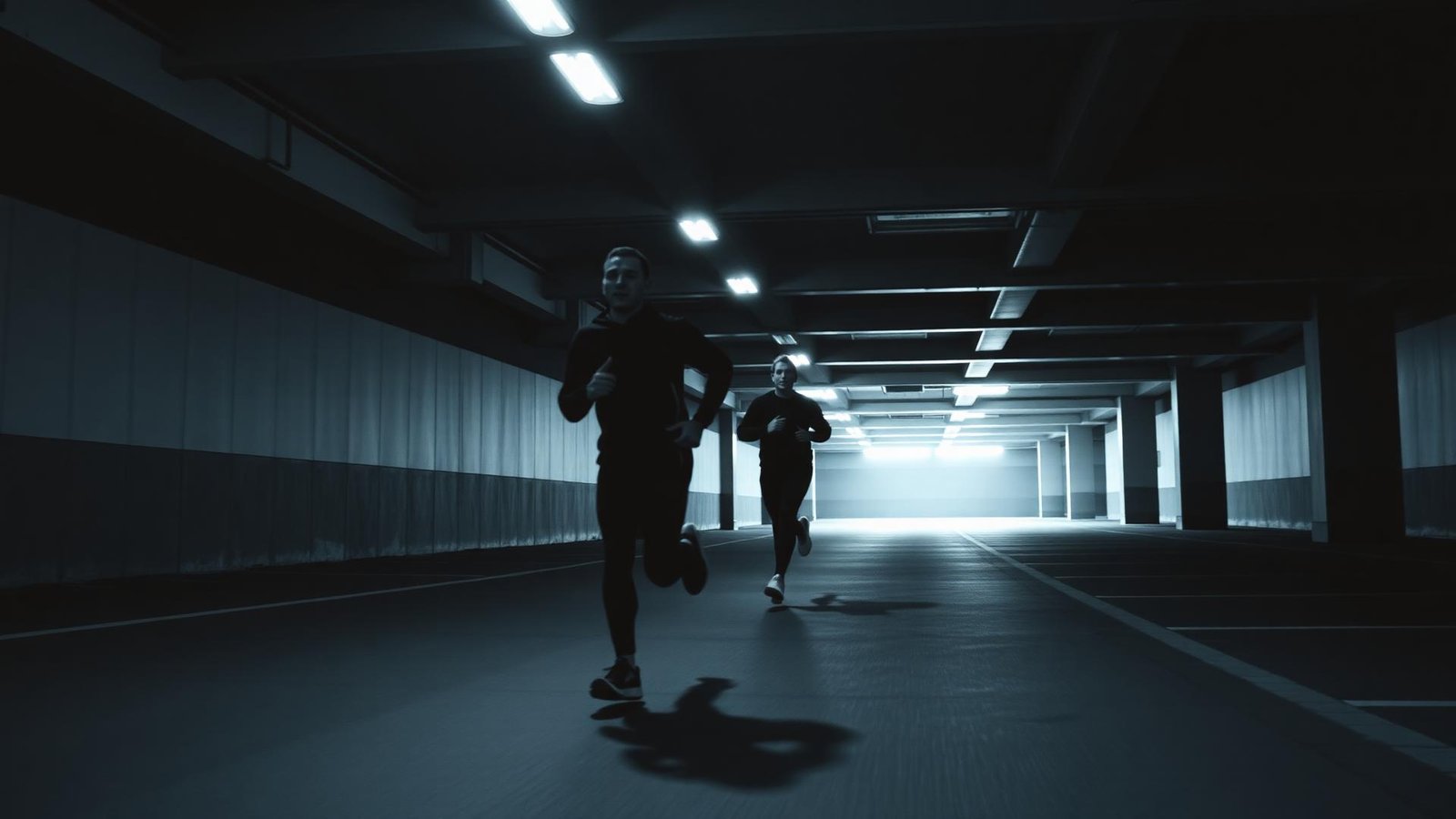Two runners sprinting through a dark underground car park in DEOVISH performance wear