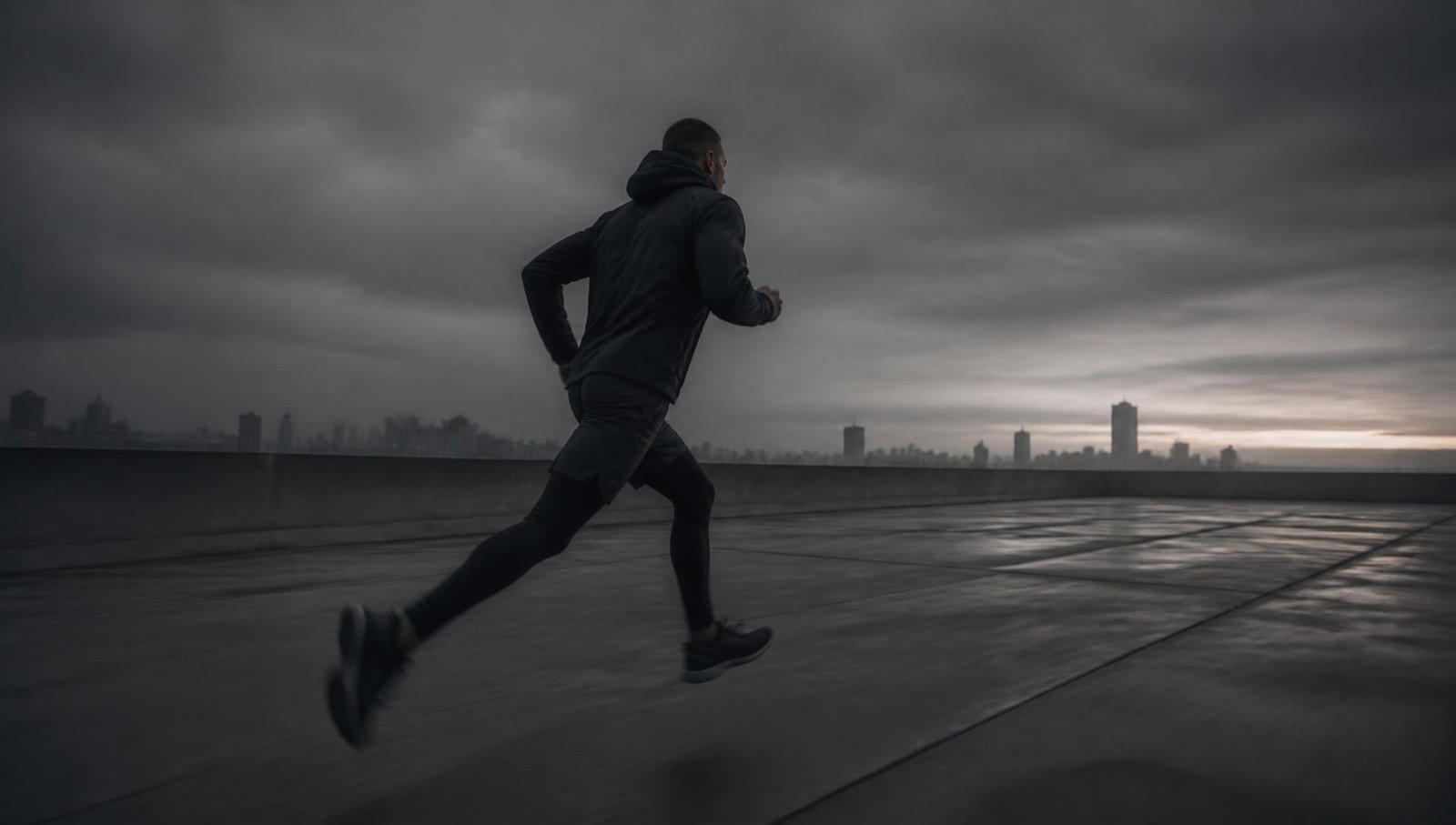 Runner in black technical athleisure on a concrete rooftop at dusk