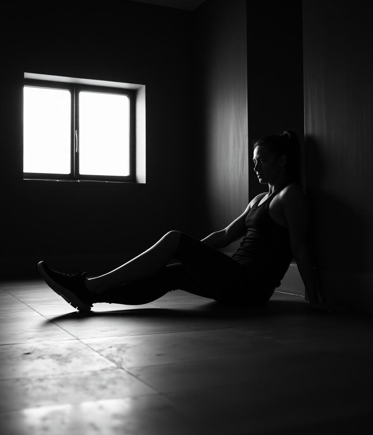 Athlete resting on a concrete floor in matte black DEOVISH training kit